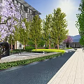 Landscaped Garden With Greenery Pathway And Water Feature By High Rise Building