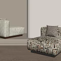 Stylish Single Sofa With Geometric Pattern And White Upholstery In Soft Light Interior Space 3d model