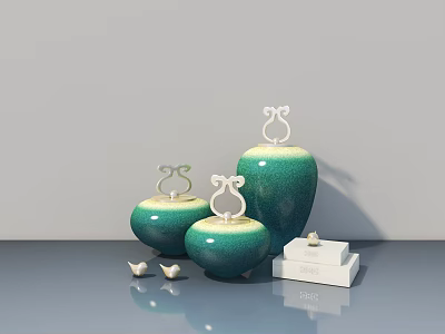 Green And White Decorative Ornament Set With Vases Stepped Base And Boat Figurines 3d model