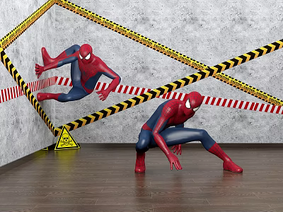 Game Movie Spider Man Characters with Caution Tape Warning Sign Gray Wall and Wooden Floor 3d model