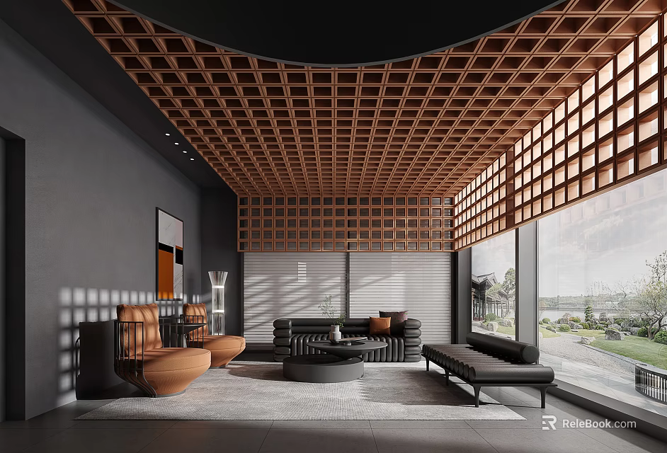 Modern Living Room Interior With Wooden Lattice Ceiling Dark Gray Walls And Large Windows 3d model 