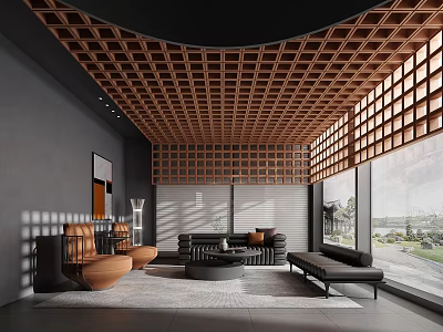 Modern Living Room Interior With Wooden Lattice Ceiling Dark Gray Walls And Large Windows 3d model