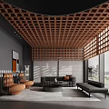 Modern Living Room Interior With Wooden Lattice Ceiling Dark Gray Walls And Large Windows
