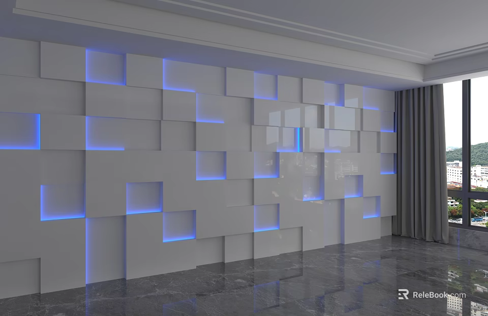 Modern Interior Wall With Layered White Square Panels And Blue Lighting 3d model 