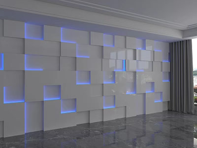Modern Interior Wall With Layered White Square Panels And Blue Lighting 3d model