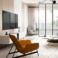 Modern Living Room Interior With Orange Accent Chair Leather Sofa And Coffee Table