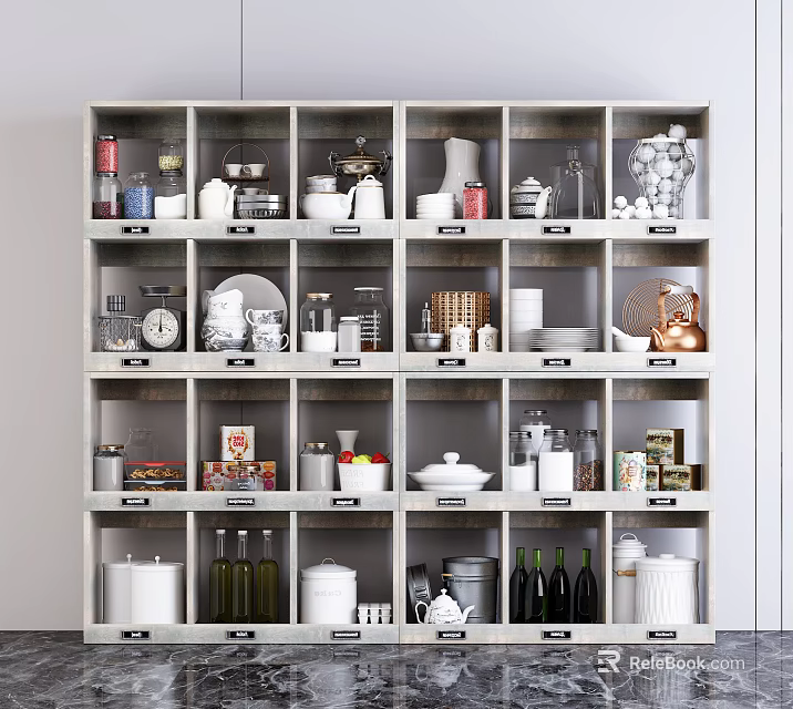 Various Kitchenware Neatly Arranged With Cups Plates Jars Teapots In White Multi-layer Cabinets 3d model 
