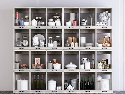 Various Kitchenware Neatly Arranged With Cups Plates Jars Teapots In White Multi-layer Cabinets 3d model