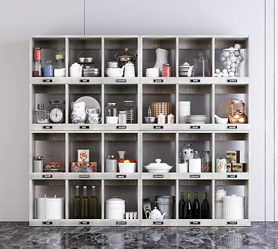 Various Kitchenware Neatly Arranged With Cups Plates Jars Teapots In White Multi-layer Cabinets 3d model