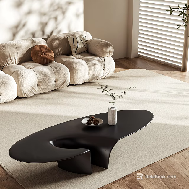 Black Oval Coffee Table With White Vase And Nut Bowl In Modern Living Room 3d model 