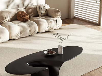 Black Oval Coffee Table With White Vase And Nut Bowl In Modern Living Room 3d model