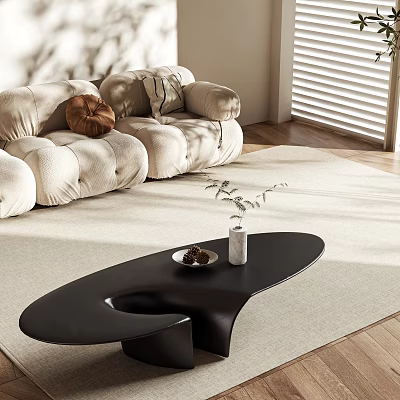 Black Oval Coffee Table With White Vase And Nut Bowl In Modern Living Room 3d model