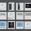 Various Thermostat Switch Panels With Digital Temperature Display And Control Buttons