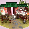 Cartoon Chinese Building Scene with Green Roof Red Door Lanterns Bamboo Cart and Stone Tables