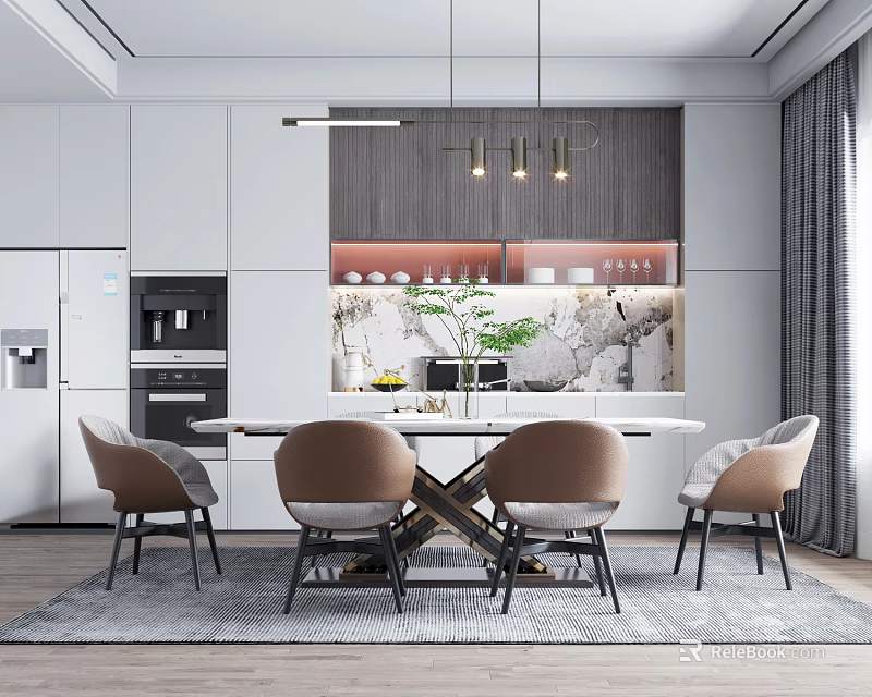 Modern Dining Table Set With Beige Chairs White Cabinets And Hanging Lights In Kitchen 3d model