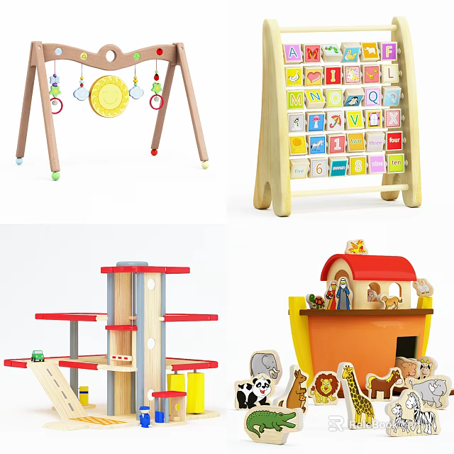 Wooden Building Blocks Toy Set With Alphabet Letters Colorful Shapes And Animal Figures 3d model 