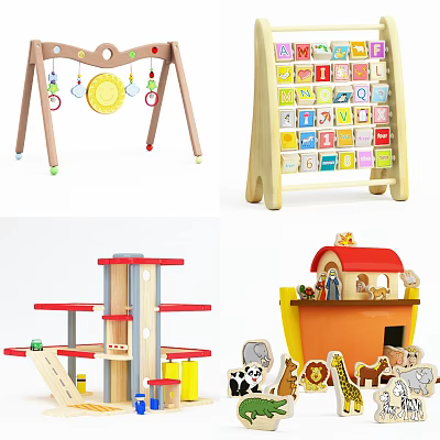 Wooden Building Blocks Toy Set With Alphabet Letters Colorful Shapes And Animal Figures 3d model