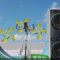 Wind Chasing Riding Adventure Exhibition Featuring Windmills Human Figure And Green Elements 3d model