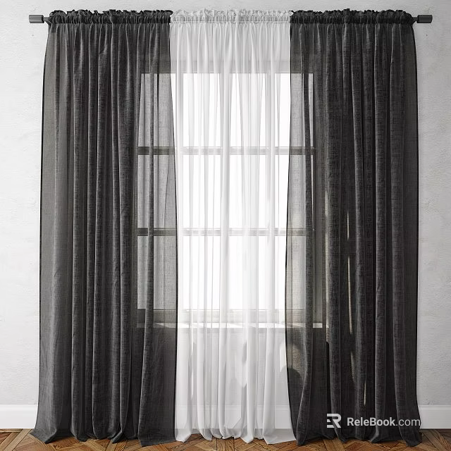 Dark Grey Curtains With White Sheer Panels For Home Window Decoration 3d model 