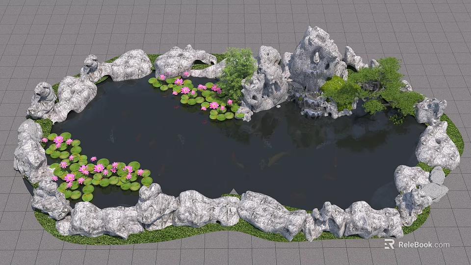 Serene Water Fountain Surrounded by Natural Rocks Pink Lotus Flowers Green Plants and Fish Swimming 3d model 