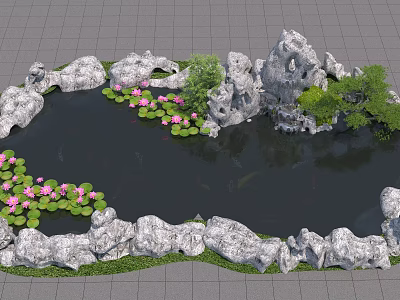 Serene Water Fountain Surrounded by Natural Rocks Pink Lotus Flowers Green Plants and Fish Swimming 3d model