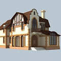 Two Story Detached Villa With Brown Roof Cream Walls Wooden Trim And Balcony
