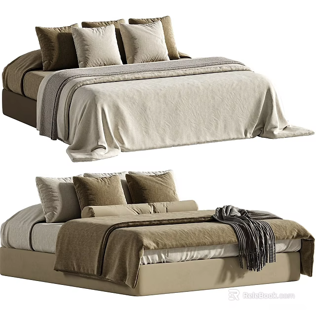 Modern Double Bed Design With Beige Brown Linen Bedspread And Multiple Pillows 3d model 