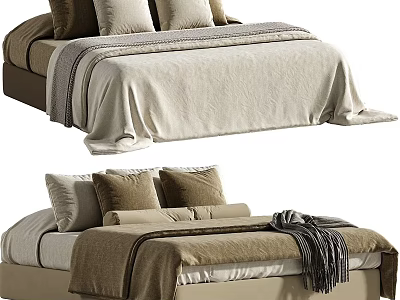 Modern Double Bed Design With Beige Brown Linen Bedspread And Multiple Pillows 3d model