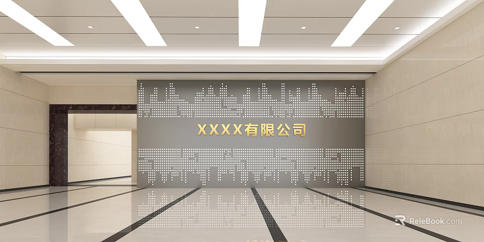 Modern Corporate Background Wall with City Skyline Silhouette Design and Gold Name in Office Lobby 3d model 