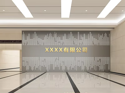 Modern Corporate Background Wall with City Skyline Silhouette Design and Gold Name in Office Lobby 3d model