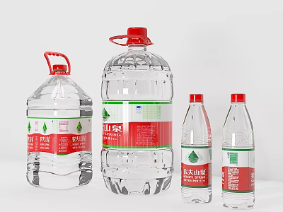 Natural Drinking Water in Transparent Bottles with Red and Green Brand Labels of Various Sizes 3d model