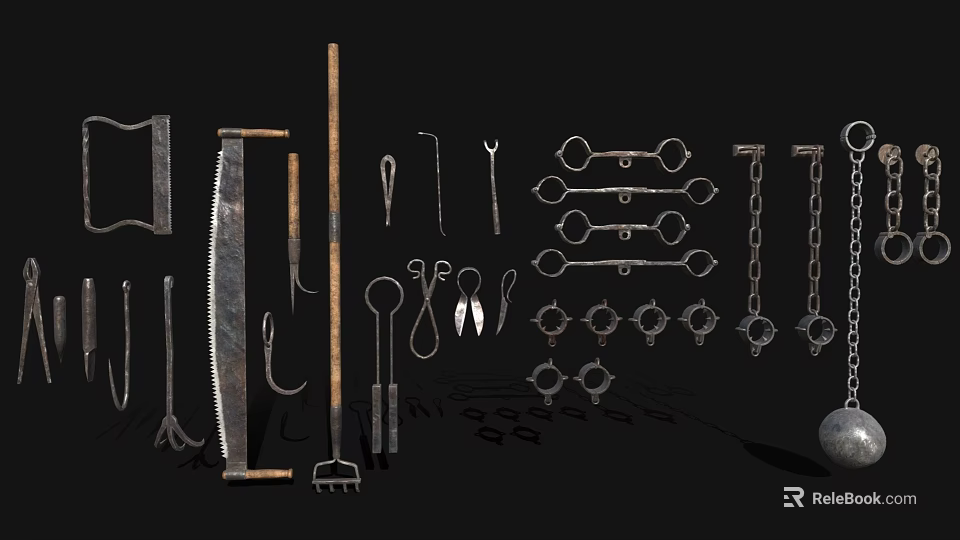 Collection of Essential Hardware Tools Including Wrenches Pliers Saws Chains and Hooks 3d model 