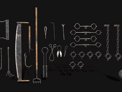 Collection of Essential Hardware Tools Including Wrenches Pliers Saws Chains and Hooks 3d model