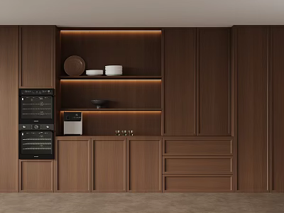 Modern Wooden Kitchen Interior With Built-in Oven Shelves Lighting And Dishes 3d model