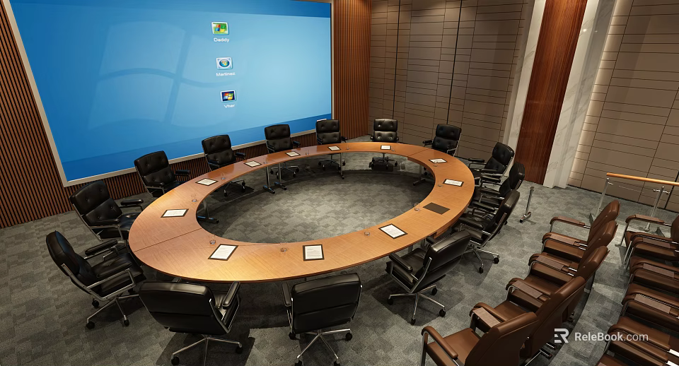 Modern Conference Room With Round Table Black Office Chairs And Blue Projector Screen 3d model 