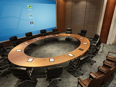 Modern Conference Room With Round Table Black Office Chairs And Blue Projector Screen 3d model