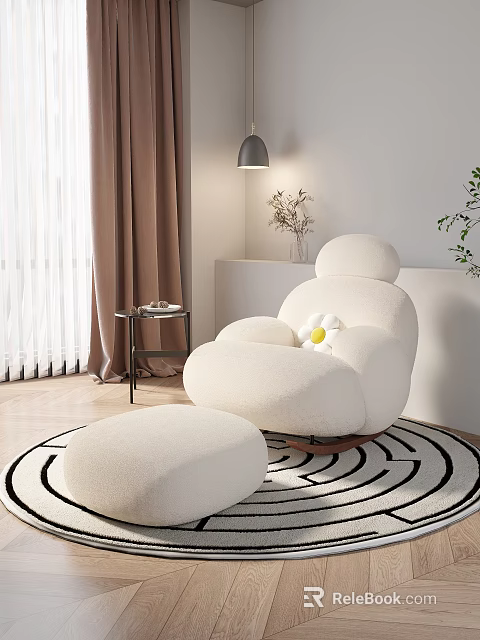 Fluffy White Plush Sofa Stool in Living Room with Geometric Pattern Rug and Curtains 3d model 