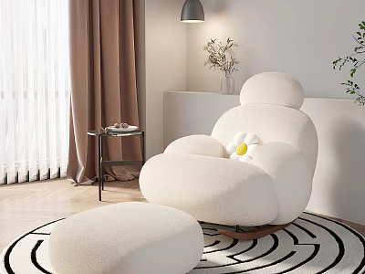 Fluffy White Plush Sofa Stool in Living Room with Geometric Pattern Rug and Curtains 3d model