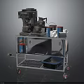Stainless Steel Kitchen Cart With Wheels Electrical Appliances Cups Containers And Blue Basket