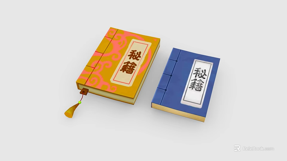 Traditional Chinese Secret Manuals With Yellow Blue Covers And Tassel Decoration 3d model 