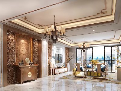 Traditional Chinese Living Room Interior With Carved Wooden Panel Chandeliers TV Sofa And Large Windows 3d model