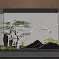 Karesansui Garden Design With Black Rocks Green Plants White Stone And Wall Geometric Patterns