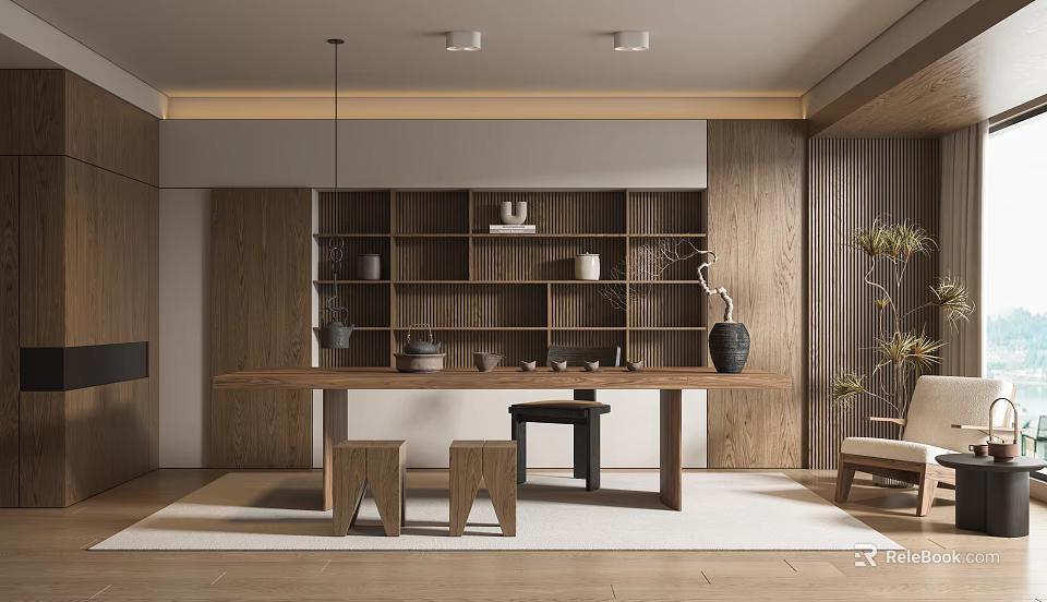 Modern Japanese Tea Room With Wooden Shelves Long Table Stools And Indoor Plant 3d model 