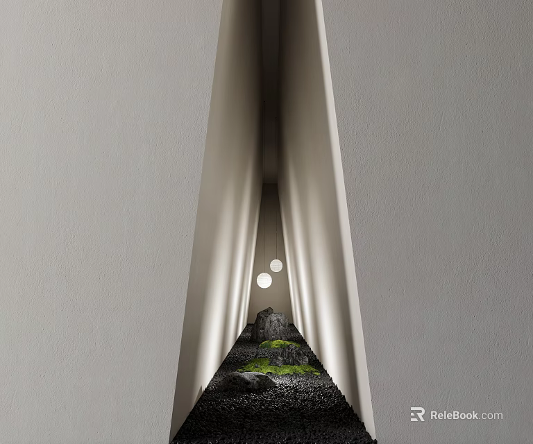 Indoor Landscape With Vertical Structure Green Moss Black Pebbles And Circular Lights 3d model 