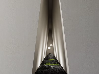 Indoor Landscape With Vertical Structure Green Moss Black Pebbles And Circular Lights 3d model