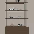 Modern Illuminated Shelving Unit With Decorative Sculptures Radio And Vase In Neutral Tones