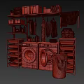 Laundry Room Organization With Washing Machines Hanging Clothes And Storage Shelves