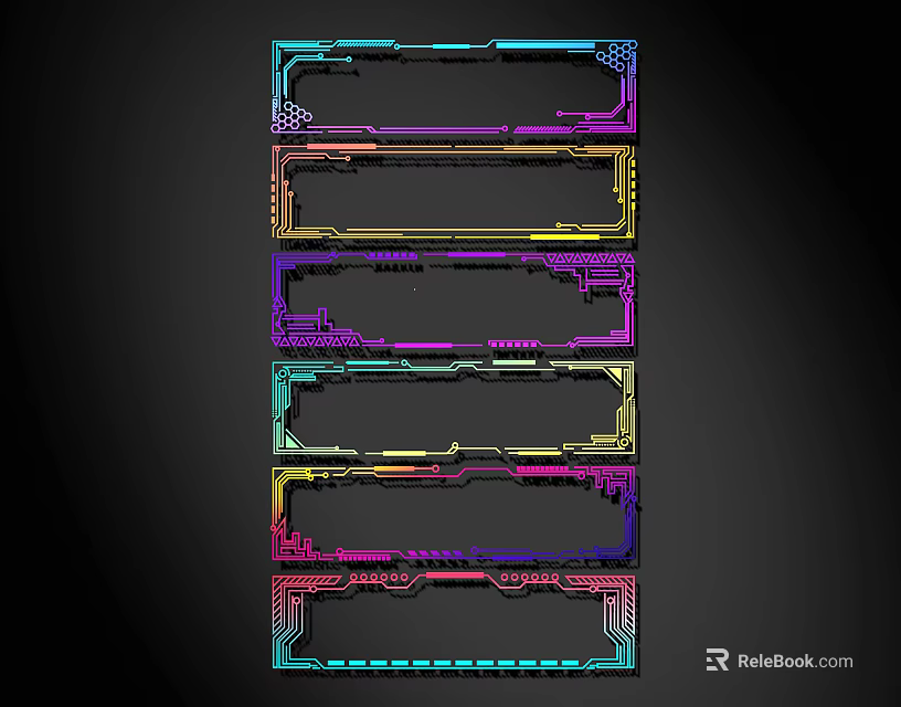 Colorful Lines Form Rectangular Frames On Black Background With Different Futuristic Tech Designs 3d model 