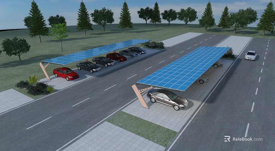 Solar Panel Canopy Covered Parking Lot With Parked Cars Trees And Road 3d model 