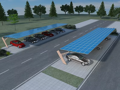 Solar Panel Canopy Covered Parking Lot With Parked Cars Trees And Road 3d model
